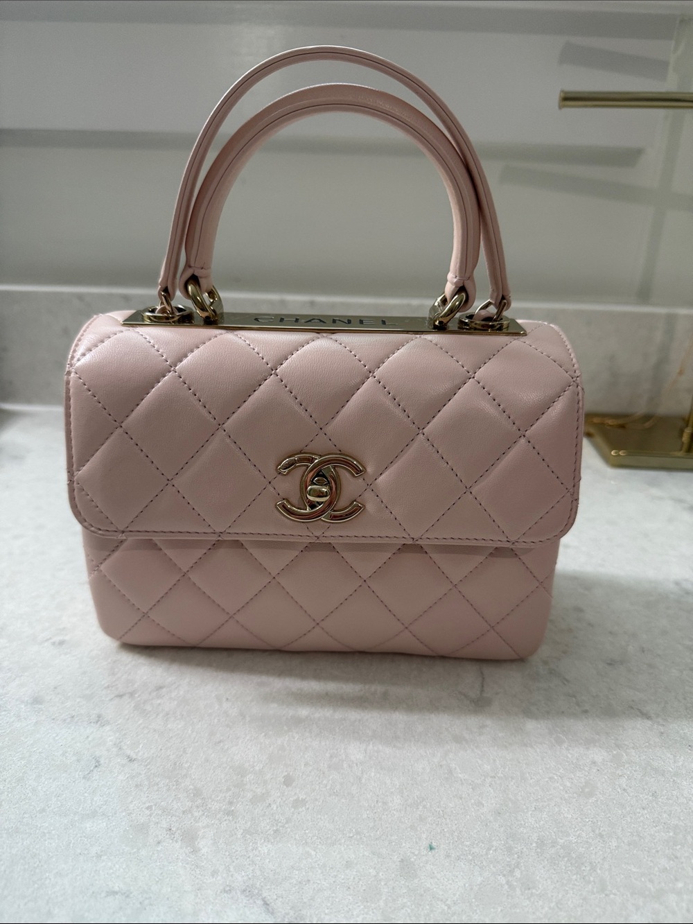 CHANEL Blush Quilted Top-Handle Mini Bag with Gold Hardware